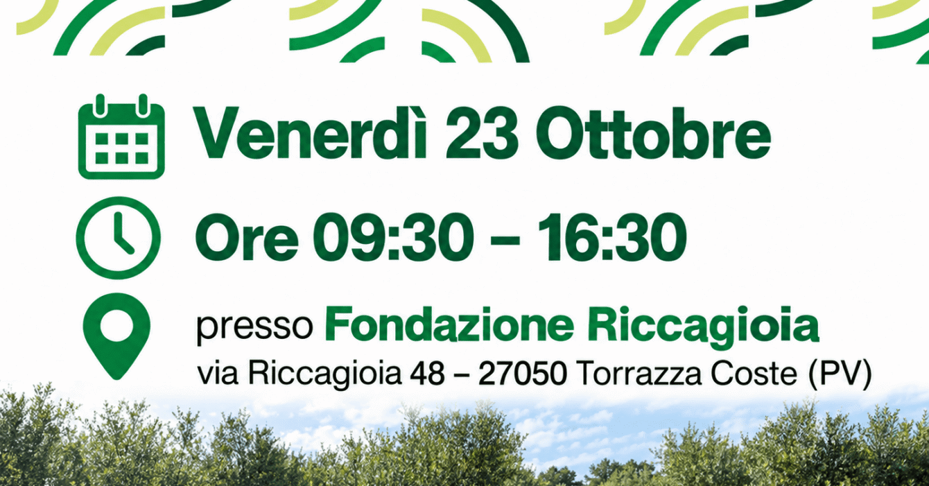 Grafica dell’azione dimostrativa sulla meccanizzazione in oliveto in Oltrepò Pavese: venerdì 23 ottobre, ore 09:30–16:30, Fondazione Riccagioia, Torrazza Coste, con filari di olivi